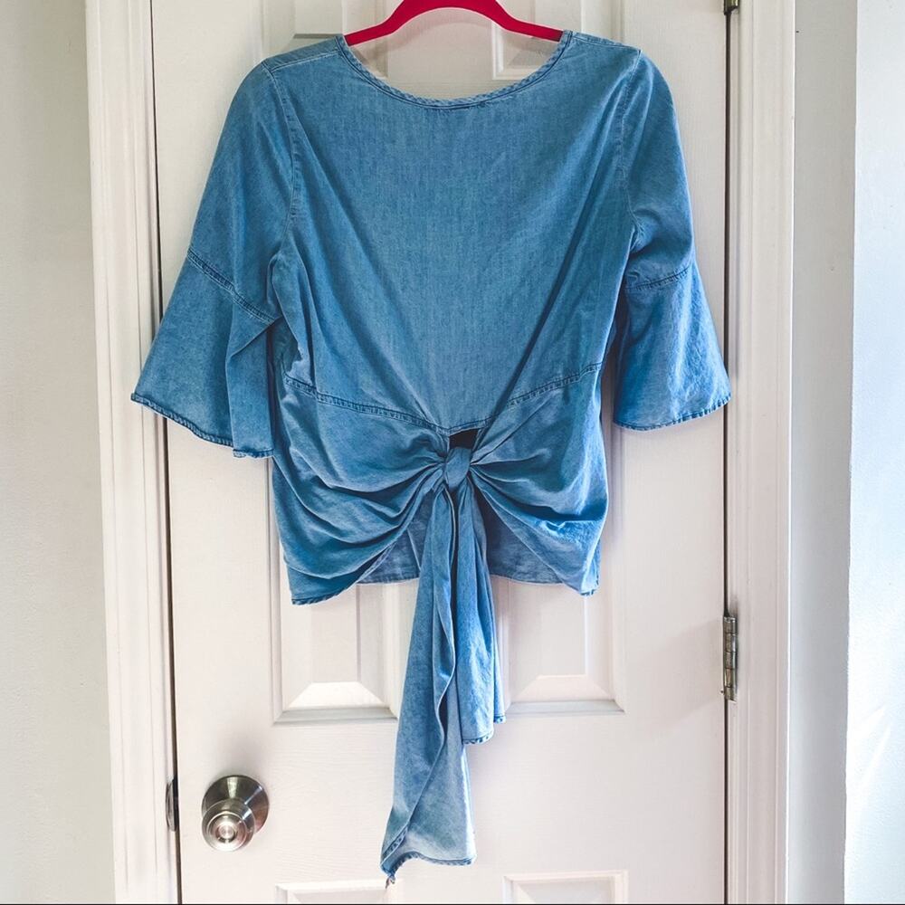 KRAZY KAT • Statement Sleeve Tie Back Chambray Top